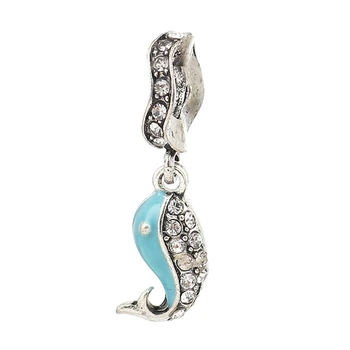 

DoreenBeads Zinc Alloy European Style Large Hole Charm Bail Beads Whale Animal Silver Color Clear Rhinestone Blue Enamel 5 PCs
