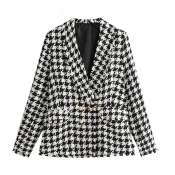 

women houndstooth 2019 fashion suit ladies pockets notched buttons black and white autumn female office lady chic suits