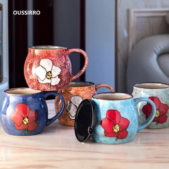 

OUSSIRRO 450ML Creative Retro Ceramic Coffee Mugs Tea Milk Cup with Lid and Spoon Creative Wedding Anniversary Lovers Gift
