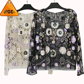 

Tops Female Fashion Sexy Party Beaded Sequin Blouses European Runway Style Long Sleeves Shiny Shirts Halloween Costumes