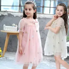 Сетчатое праздничное платье на день рождения; летнее повседневное Сетчатое платье с принтом звезды для маленьких девочек; хлопковый сарафан с расклешенными рукавами для маленьких детей