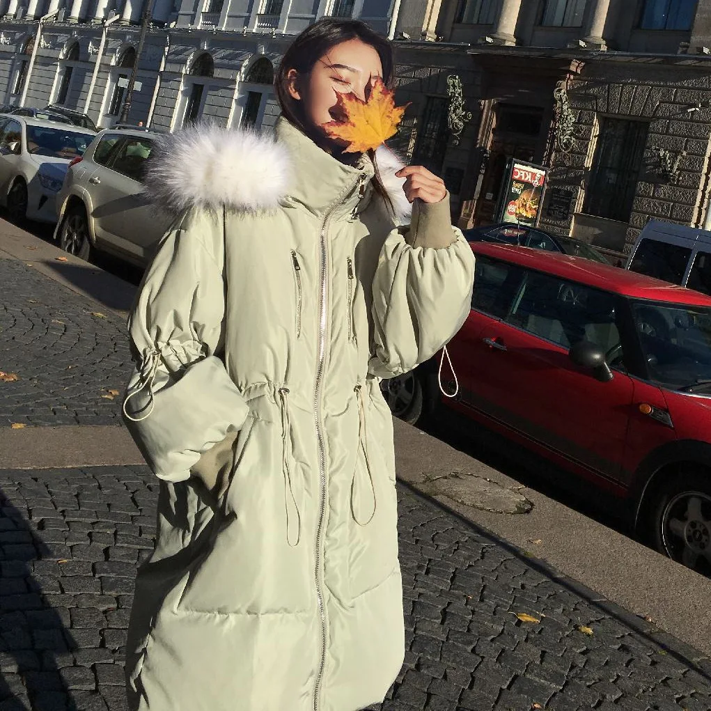 

20192018 Korean-style New Style Lantern Sleeve Waist Hugging down Coat Women's Winter Light Green Hooded Large Fur Collar Cotton