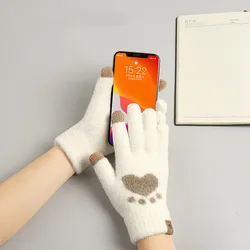 Winter Women's Gloves Cute Touchscreen Cat Paw Pattern Autumn Warm Girls Fleece Knitting Driving Cycling Cold-Proof Lady Gloves