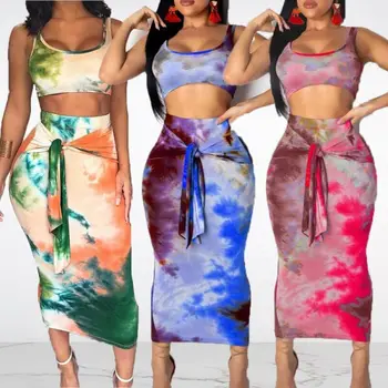 

Summer Beach Style Fitted Women Clothing Sets Patterned Tank Top and High Waisted Maxi Skirts with Bow Tie Detailed