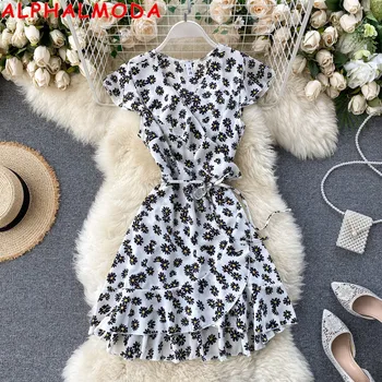 

ALPHALMODA Popular Daisy Floral Printed Dress Women's Summer Fashion Irregular Ruffled Sashes Wrap Dress