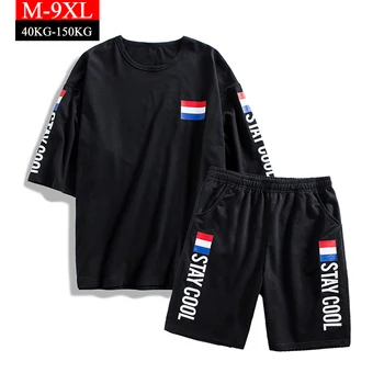 

M-9XL Summer Thin Sportsuit Men Plus Size Leisure Breathable Loose XXXXXL Two-Piece Sets Tee Shirts With Shoprt Pants Tracksuit