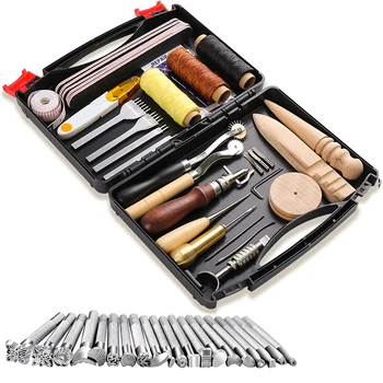 

LMDZ 50 Pcs Leather Working Tools Prong Punch Edge Beveler Wax Ropes Needles for Stitching Punching Cutting Sewing Leather Craft