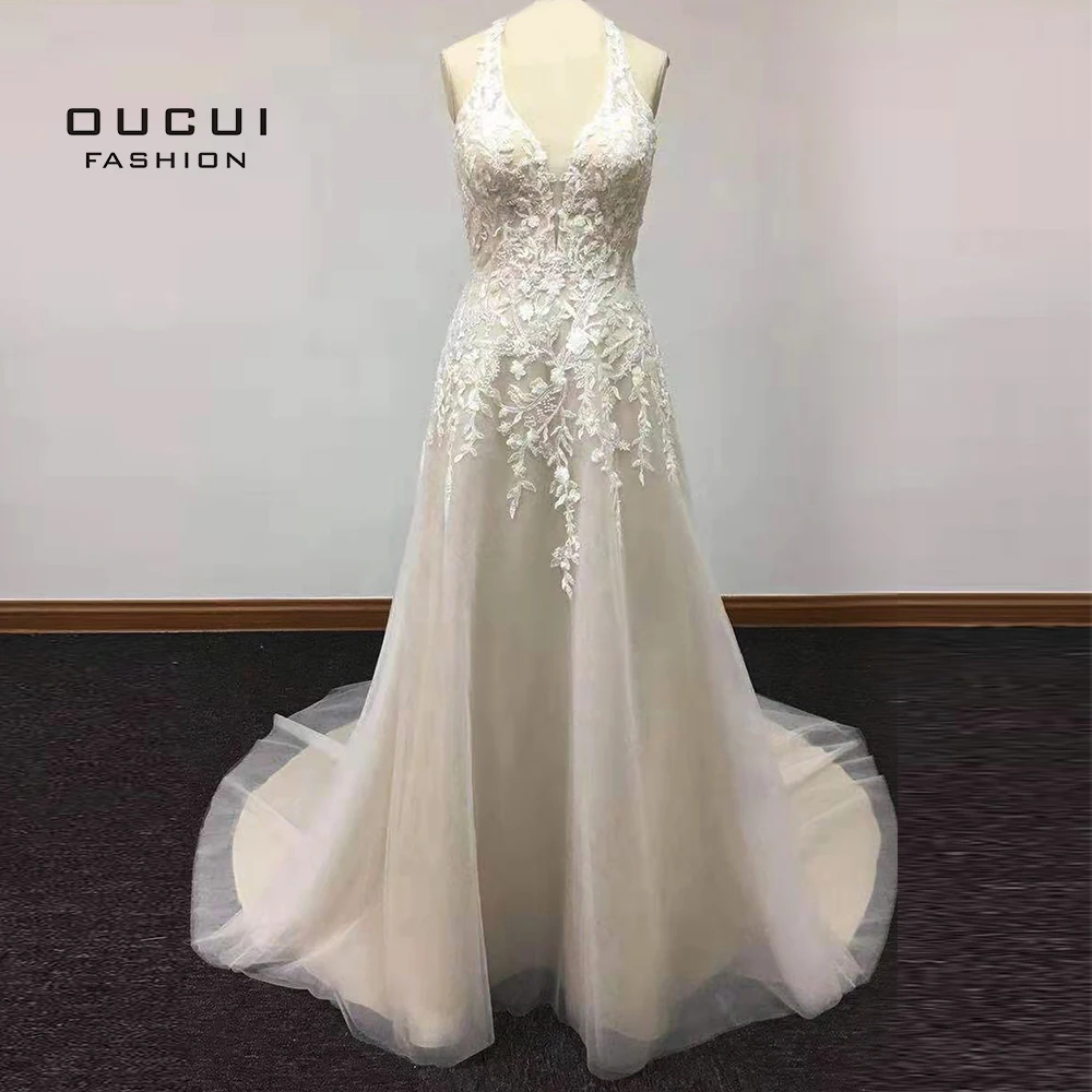 Halter Lace Long Wedding Dress Plus Size A-line Vestido De Noiva Sleeveless Backless Wedding Dresses With Train OL103600