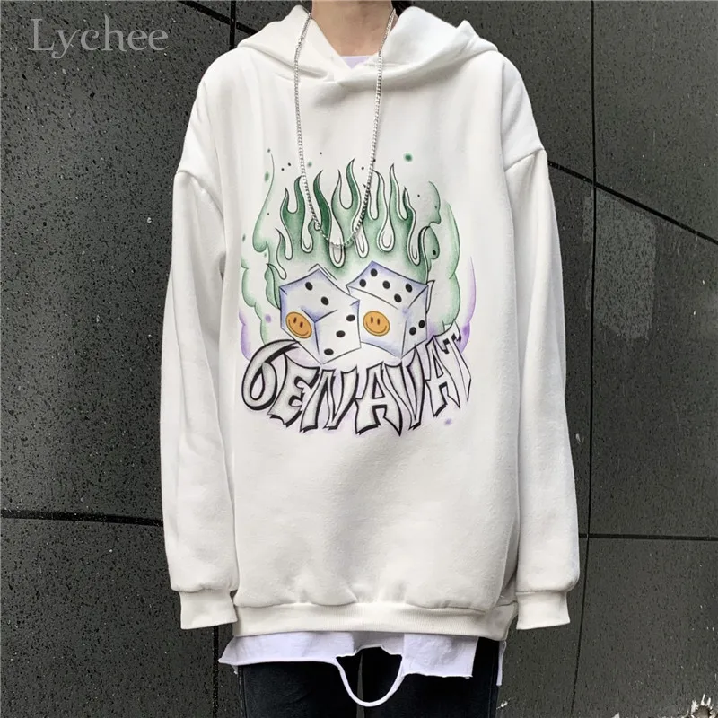 Lychee Harajuku, Женская флисовая толстовка с капюшоном и принтом пламени, весенние, осенние, зимние дамские свитшоты, повседневные свободные женские толстовки с капюшоном