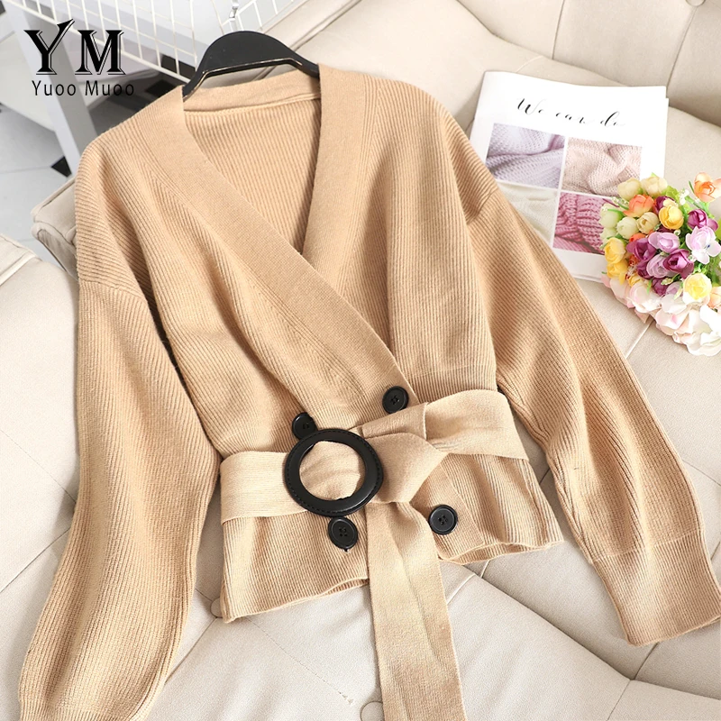 YuooMuoo элегантные облегающие осенние кардиганы свитер V шеи корейский стиль женские кардиганы повседневные с длинным рукавом черный кардиган пальто