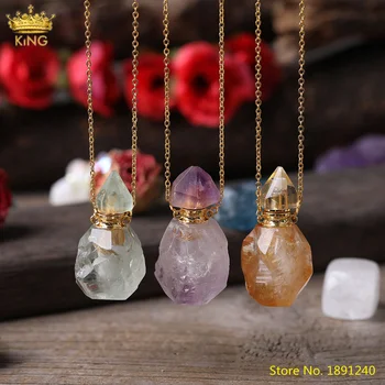 

Natural Amethysts Quartz Citrines Quartz Perfume Bottle Gold Pendant Necklace Women Rough Quartz Essential Oil Bottle Jewelry