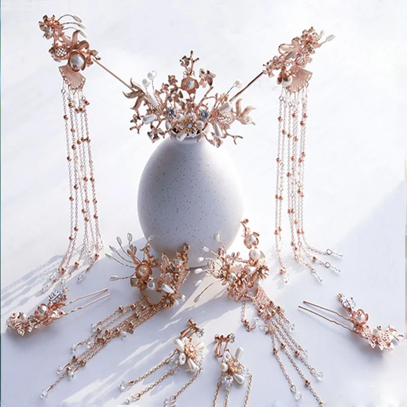 QIANJI китайский головной убор Hanfu для невесты, полный набор волос с бахромой, Шпилька с кисточками, антикварные аксессуары для волос с аксессуарами