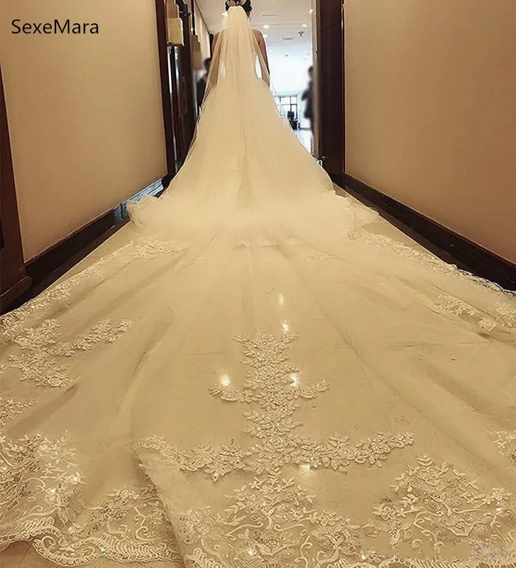 

High Quality White Ivory Wedding Veils Cathedral Length Bridal Lace Applique With Comb Bridal Veil 3M 5M