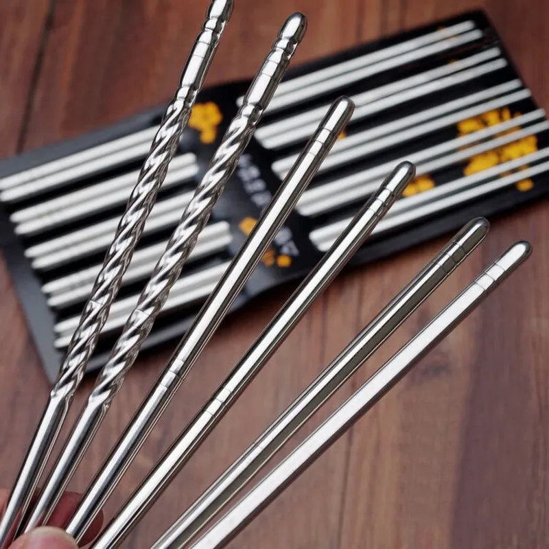 5Pairs Stainless Steel Square Chopsticks Chinese Stylish Healthy Light Weight Chinese Chopsticks Metal Non-slip Design Kitchen