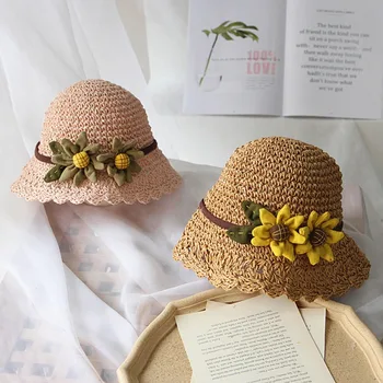 

New Summer Beautiful Flowers Summer Shade Sun Hat Straw Beach Sun Outdoor Hat Weave Korean Straw Hat One Size