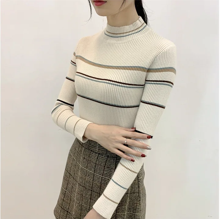 

2019 half-high collar striped sweater women autumn and winter new slim bottoming sweater sweater women long-sleeved wild shirt