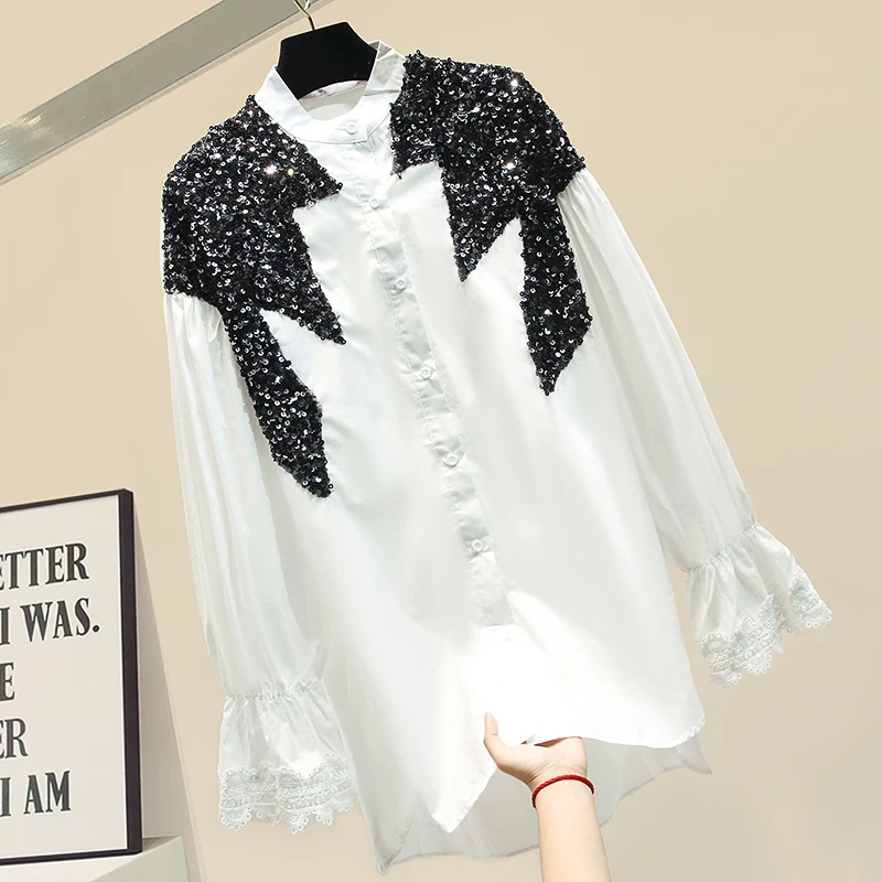 

Sequin Shirt Women 2020 Spring New Mid-Length Hand-Made Sequined Shirt Women's Blouses Blouse Women Bluzki Damskie Nancylim