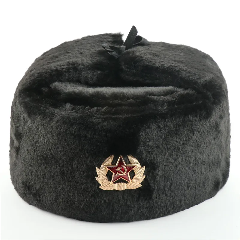 Black Soviet Badge Россия ушанка советская армия КГБ меховые военные шапки-бомберы летчик Охотник кавалер шапка зимняя из искусственного кроличьего меха ушанка мужские снежные шапки - Цвет: Black Soviet Badge