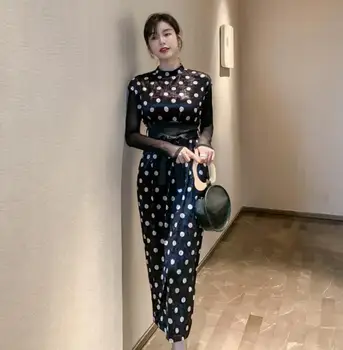 

Autumn Vintage Elegant Maxi Dress Polka Dot Half Turtleneck Mesh Velvet Dress Ladies Slim Dress