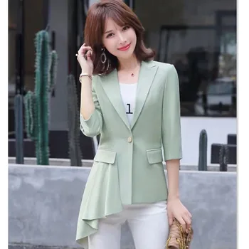 

Blazer Women Asymmetical Three Quarter Sleeve Runched Slim Waist Single Button Jacket Summer Elegant Office Ropa de Mujer