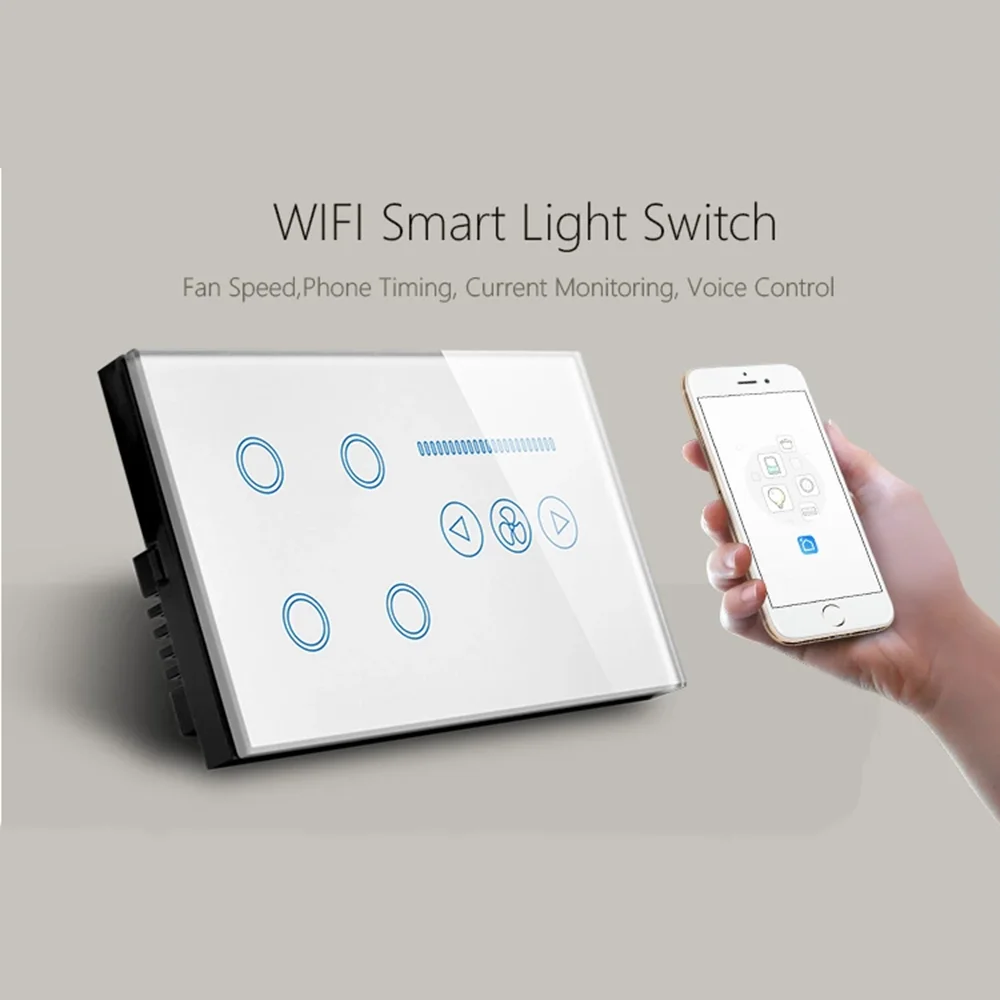 Wifi умный светильник, 4 комплекта, Великобритания, стеклянная сенсорная панель с кристаллами, комбинированный Интеллектуальный вентилятор, переключатель мощности для Alexa Google Home