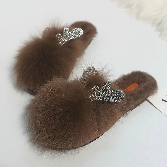 Style6 Brown Дизайн; сезон осень; стразы с двумя сердечками; натуральный кроличий мех; головные уборы; тапочки; обувь на плоской подошве; женская обувь; A833 - Цвет: Style6 Brown