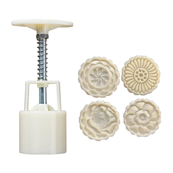 

50g/75g/100g Mooncake Mold with 4 Round Flower Stamps Cookie Cutter Hand Press Green Bean Cake Pastry Mould