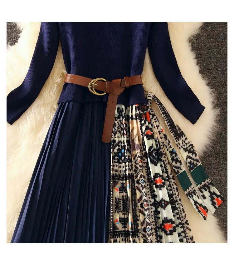 Высокое качество с длинным рукавом элегантное вязаное лоскутное платье Модные женские этнические винтажные печатные плиссированные платья с поясом