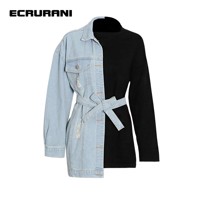 ECRURANI Blue Patchwork Jacket For Women Lapel Long Sleeve High Waist Lace Up Loose Denim Hit Color Coat Female 2021 Fashion New