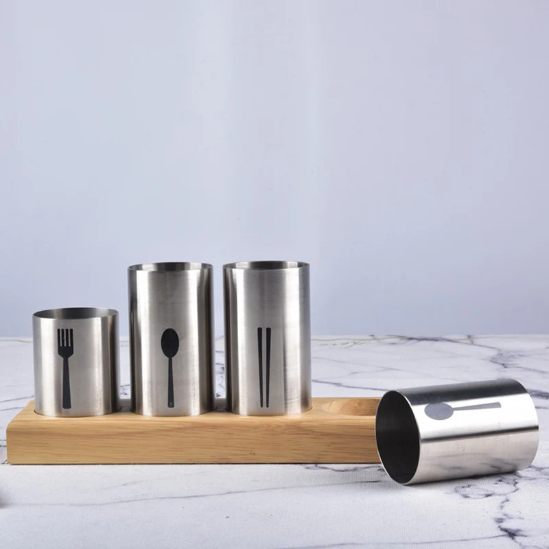 Tableware Storage Chopstick Knife Spoon Fork Basket Storage Rack Set Bottles with Wood Stand Tray Stainless Steel Boxes Dinnerwa