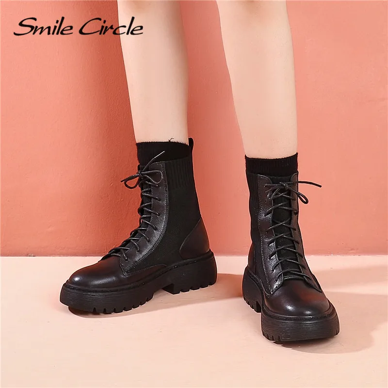 Smile Circle short Boots Women flat platform shoes Fashion British style lace-up Round toe Ladies Boots Autumn