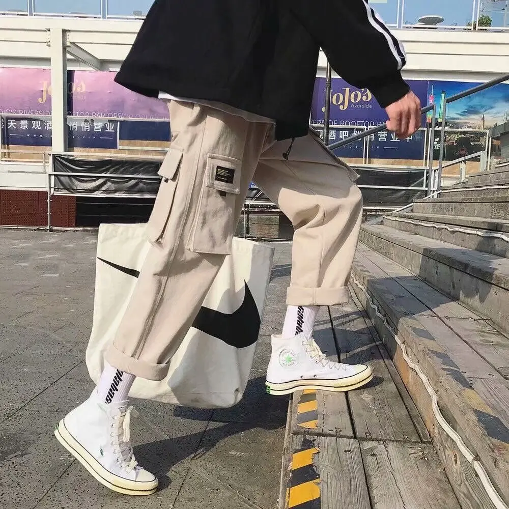 

Spring Summer INS Multi-pockets Bib Overall Men Korean-style Trend Loose Casual Pants Teenager Straight-Cut Capri Pants