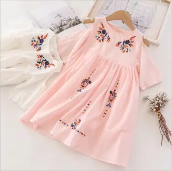 

boutique kids dresses 2020 summer white pink The princess dress embroidery flowers Dew shoulder dress Children'