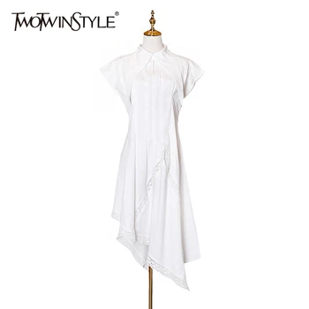 

TWOTWINSTYLE Irregular Lace Women Dress Lapel Colllar Sleeveless High Waist Asymmetrical Dresses Female Clothes 2020 Fashion New