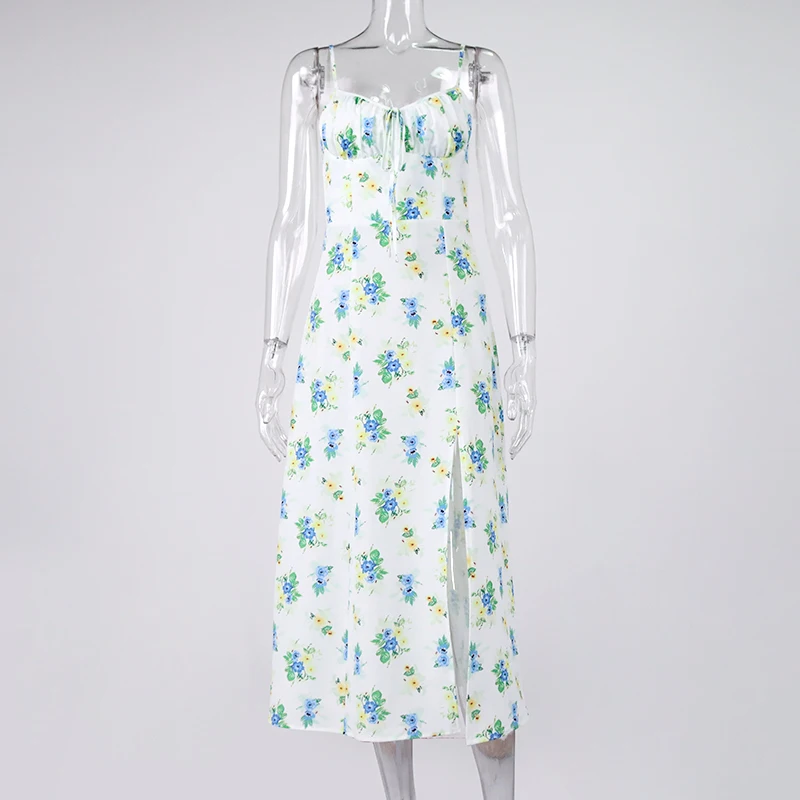 NewAsia Floral Summer Dress Women Spaghetti Strap Drawstring Ruched A-line Midi Dress Beach Vacation Casual Clothing 2021