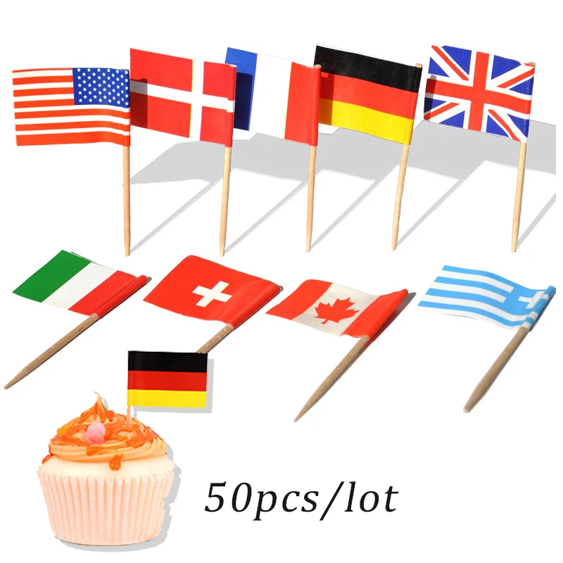 50Pcs Usa E Getta Multi National Flag Stick Cake Toper Flag Fruit Stick Cocktail Cake Steak Stuzzicadenti Food Decoration Bar