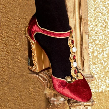 

Prowow New Spring Summer Runway Velvet Jewel Deco Summer Women Pumps Round Toe Printed Heel Mary Jane Pumps Shoes Women