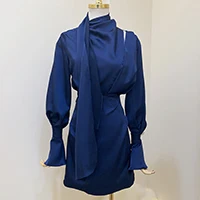Тёмно-синий HIGH STREET новейшее дизайнерское подиумное платье, женское платье с расклешенными рукавами и запахом - Цвет: Тёмно-синий
