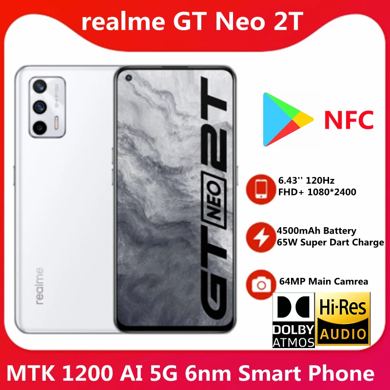 realme GT Neo 2T 5G Smart Phone MTK Dimensity 1200 AI 6.43'' 120Hz 4500mAh65W Super Dart Charge 64MP Main Camera NFC Google Play