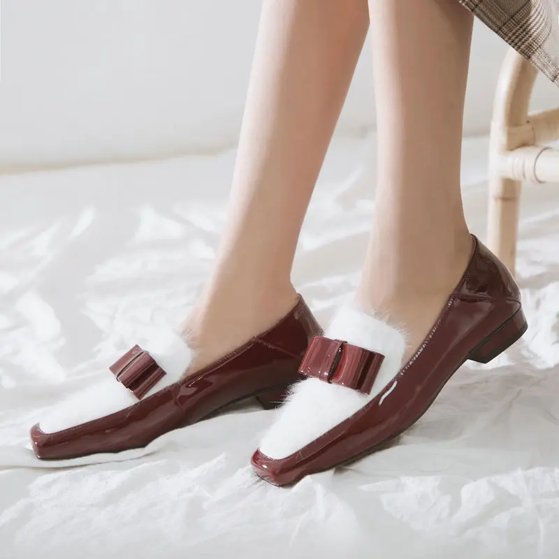 

New 2020 Genuine Leather Women Square Heel Slip on Female Loafers Spring Casual Shoes Ladies Red Apricot Color Shoes
