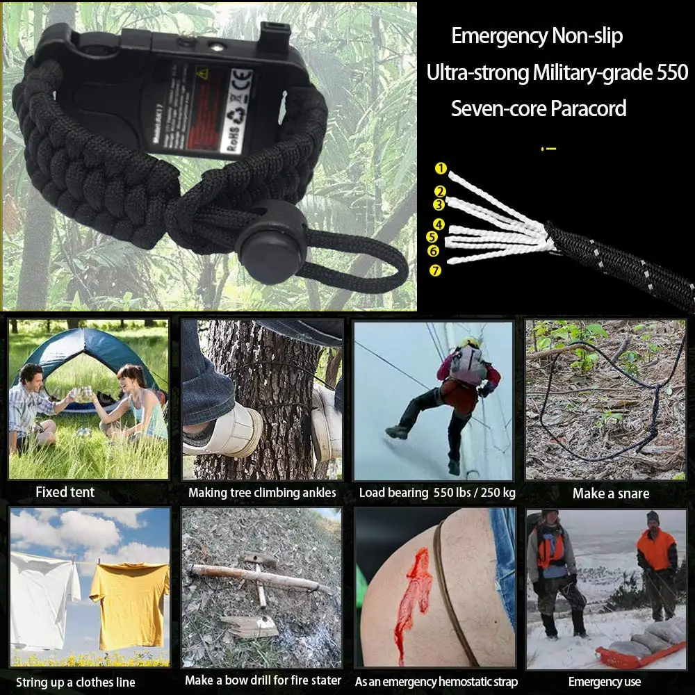 Survival Paracord Bracelet Tactical Emergency Gear Kit With Laser Infrared SOS LED Flashlight UV Lamp Compass Rescue Whistle (1)