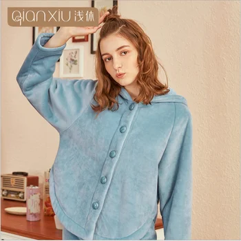 

2020 Winter Women Causal Loosen Pajama sets Female Thick Warm Lambs Sleepwear suit Women Long Sleeve Hoodie collar Coat & Pants