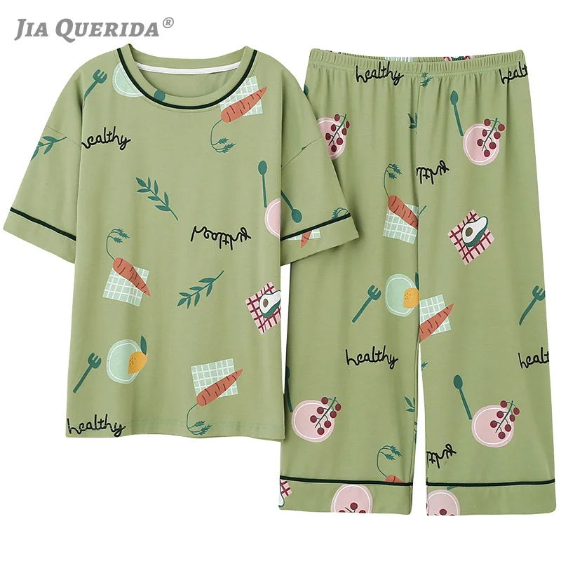 

Korean Style Lady's Pajamas Set Green O-Neck Capris Lovely Pattern Printing Design 100% Cotton Summer Shorts Women's Sleep Wear
