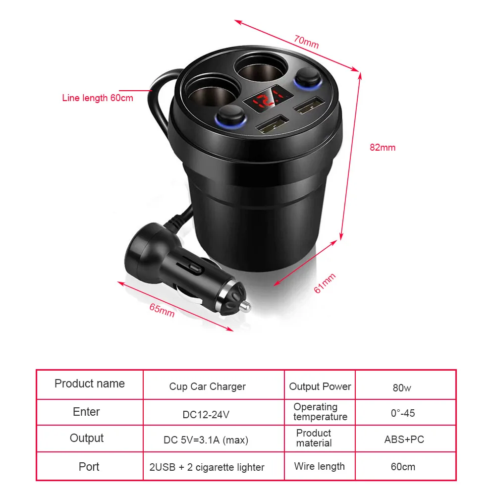 Автомобильное зарядное устройство 2 USB DC/5 V 3.1A чашка питания адаптер прикуриватель разветвитель зарядное устройство для мобильного телефона s с напряжением светодиодный дисплей