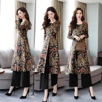 

Chinese style printed two-piece dress women 2018 new autumn temperament retro national style pants suit