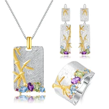 Балетное ожерелье с натуральным голубым топазом, аметист, драгоценные камни, набор, 925 пробы, серебро, ручной работы, бамбуковый набор для женщин, хорошее ювелирное изделие