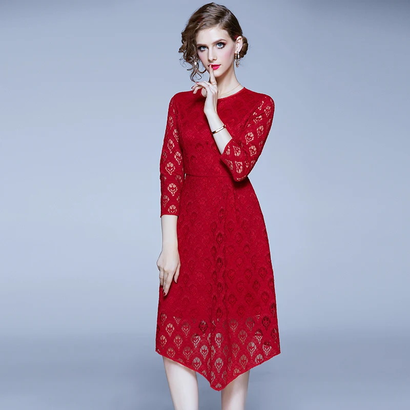 Осеннее Красное Кружевное рождественское платье с длинными рукавами, Vestido Invierno Mujer,, миди вечерние женские платья, Dames Jurken ropa mujer K2023