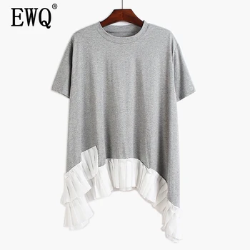 

[EWQ] 2020 Spring Summer New Arrivals Cotton O-neck Patchwork Ruffles Regular Short Sleeve Women Casual T-shirt AW05400