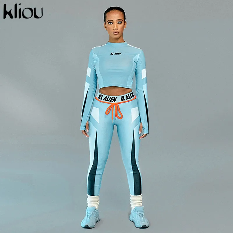 Kliou, эластичные спортивные костюмы для фитнеса, женский тонкий комплект из двух предметов, с принтом, с длинным рукавом, укороченный топ, леггинсы, спортивный костюм, повседневный уличный наряд - Цвет: Синий