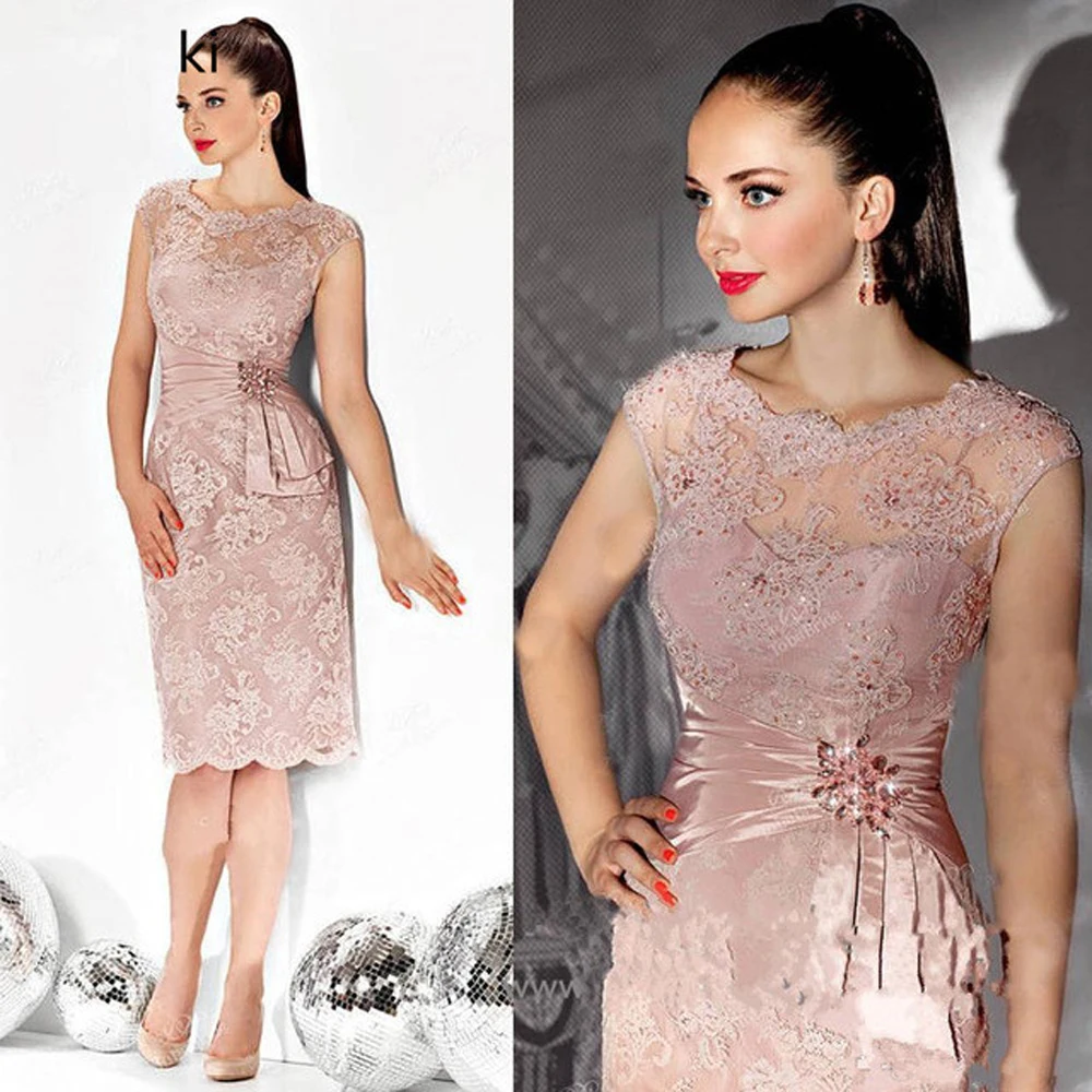 Pink 2020 Mother Of The Bride Dresses Sheath Cap Sleeves Lace Crystals Short Wedding Party Dress Mother Of The Groom Gift11